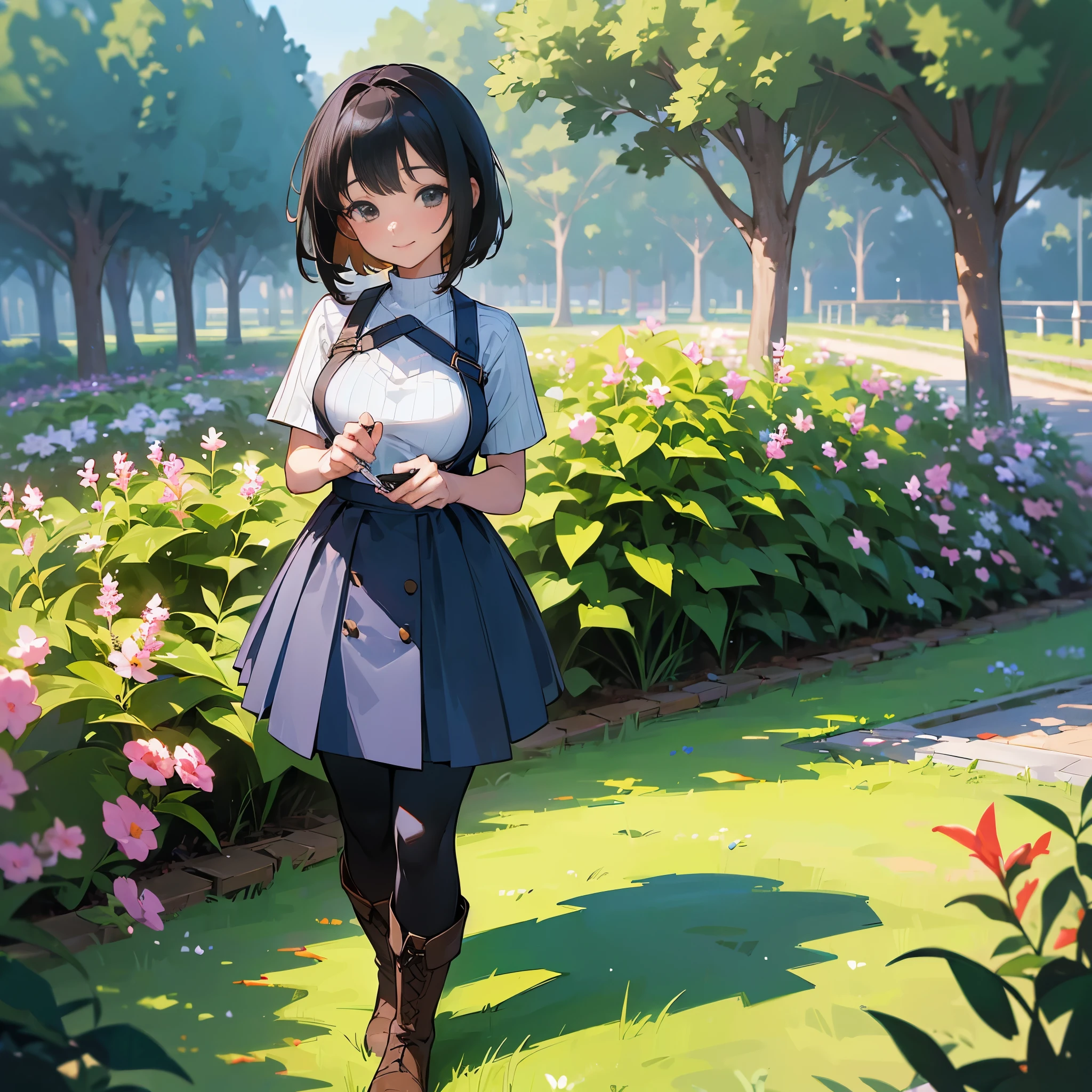 (high quality, High resolution, Very detailed, reality:1.37), Peaceful atmosphere, (Outdoor, garden), teenage girl standing alone, (my breasts are big.), Beautiful detail features, Cute Smile, (Black bob hair), Short sleeve ribbed sweater, Blue Skirt, black tights, Brown boots.