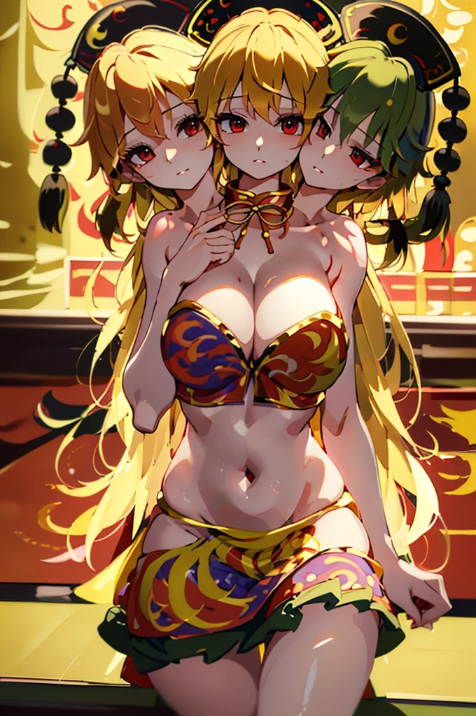 (masterpiece, best quality), best quality, (ultra-detailed), (3heads:1.5), 1girl, (junko (touhou):1.3), masterpiece, top best quality, ultra quality, ultra resolution, ultra detail, black top, crop top, ((stomach)), midriff, ((groin)), red and black skirt, normal ears, shackles, blonde hair, very long hair, wavy hair, sidelocks, red eyes, parted lips, blonde, sweat, cute, toned belly, hand on own chest, eyelashes, (25 year old woman:1.3), (masterpiece:1.5), (best quality:1.5), (beautiful detailed), extremely detailed CG, extremely delicate and beautiful, depth of field, (finely detailed face), (perfect details:1.3), (mature female:1.3), wide pelvis, slender, large veiny breast, 16k resolution, highres, very high quality, very high definition, extremely detailed, masterpiece, blonde hair, long hair, alluring presence, braid, short skirt, close up, big tits, young, chinese clothes, hair ornament, chinese headdress, adult woman, blonde, milf,