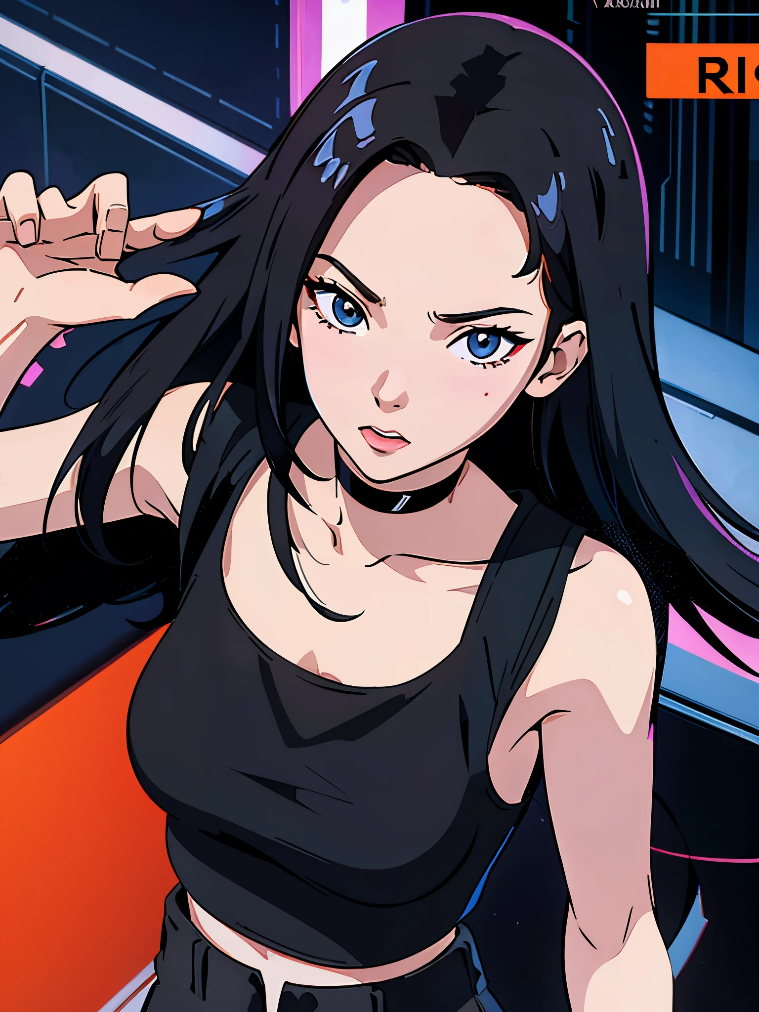 digital art drawing, illustration of (karina from k-pop group aespa, girl, long black hair middle part, brown eyes, wearing a black choker on her neck, white tank top, baggy black cargo pants, cyberpunk 2077), anime drawing/art, bold linework, illustration, digital art, masterpiece, flat illustration, no shadows, 8k resolution, high detail, vector art, only anime, perfect eyes, perfect hands, sharpness, high clarity, medium close up, high fidelity
