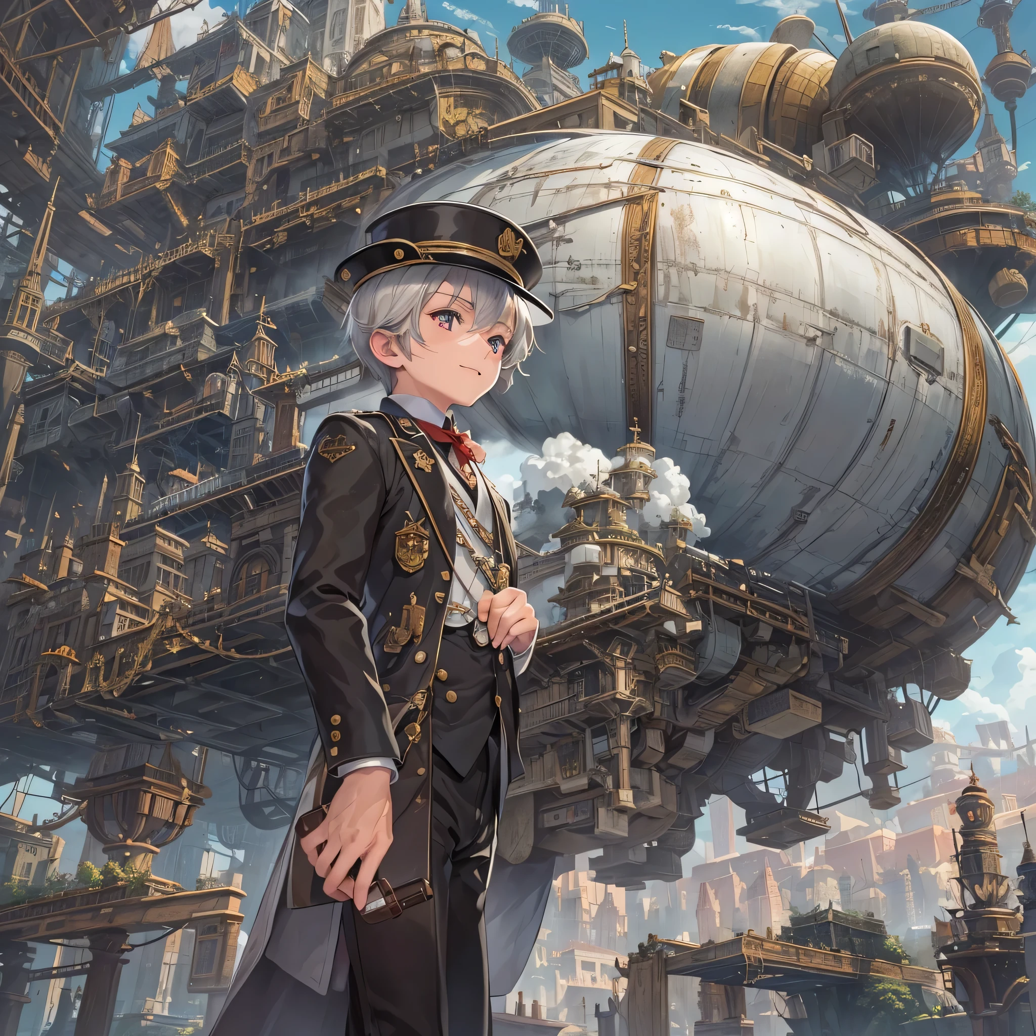 perfect anatomy, masterpiece:1.4, highres, 16k, (detailed mechanical:1.4 city, filled with steam:1.3) (in the steampunk:1.5 city), ((the background biggest Mechanical airship)), break, (traveller style)
(from-side profile, wide-angle:1.3) (solo:1.3 silver short hair detailed boy), ((16 yo)), (detailed red eyes, smile), break, (in a butler uniform), (have a big Travel bag).