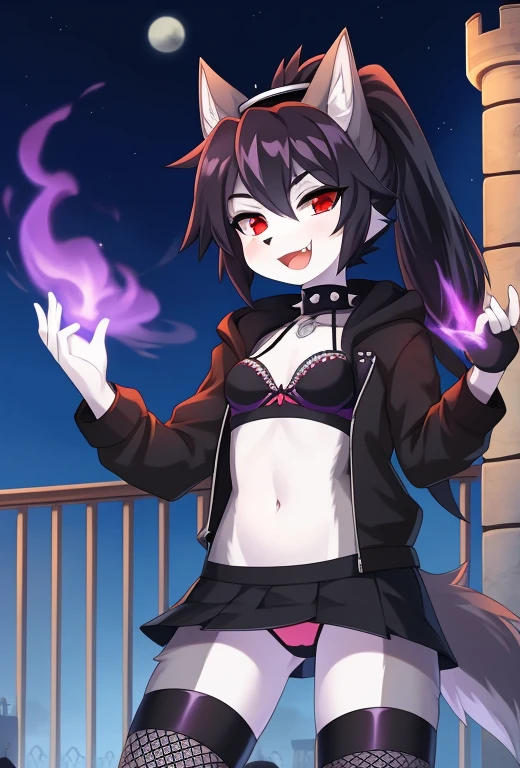 furry girl, wolf, black hair, punk hairstyle, long ponytail, anime style, small breasts, red eyes, black hoodie jacket, open clothes, punk bra, black skirt, net tights, princess crown, Castle tower, night Sky, moon, stars, high quality, detailed body, detailed eyes, detailed face, masterpiece, glistening body, detailed body fur, best quality, two tone body, gray fur, clear gray fur, skinny, fangs, holding a grimorie, hand palm whit purple fire magic, conjuring a magic, magic stance, :D, sassy face,