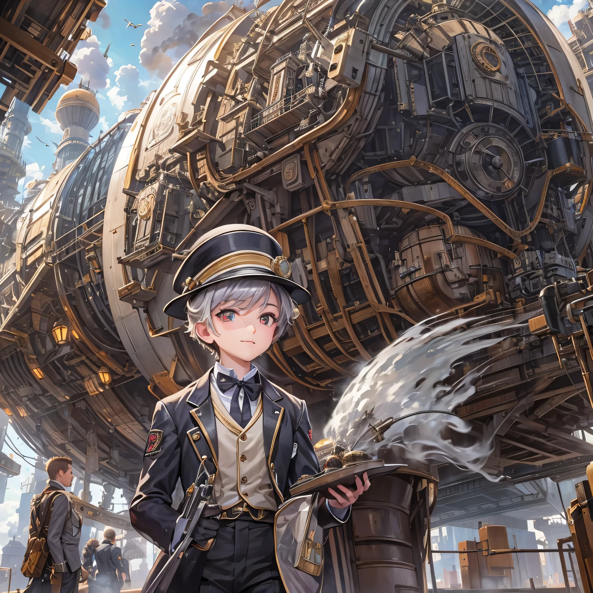 perfect anatomy, masterpiece:1.4, highres, 16k, (detailed mechanical:1.4 city, filled with steam:1.3) (in the steampunk:1.5 city), ((the background biggest Mechanical airship)), break, (traveller style)
(from-side profile, wide-angle:1.3) (solo:1.3 silver short hair detailed boy), ((16 yo)), (detailed red eyes, smile), break, (in a butler uniform), (have a big Travel bag).