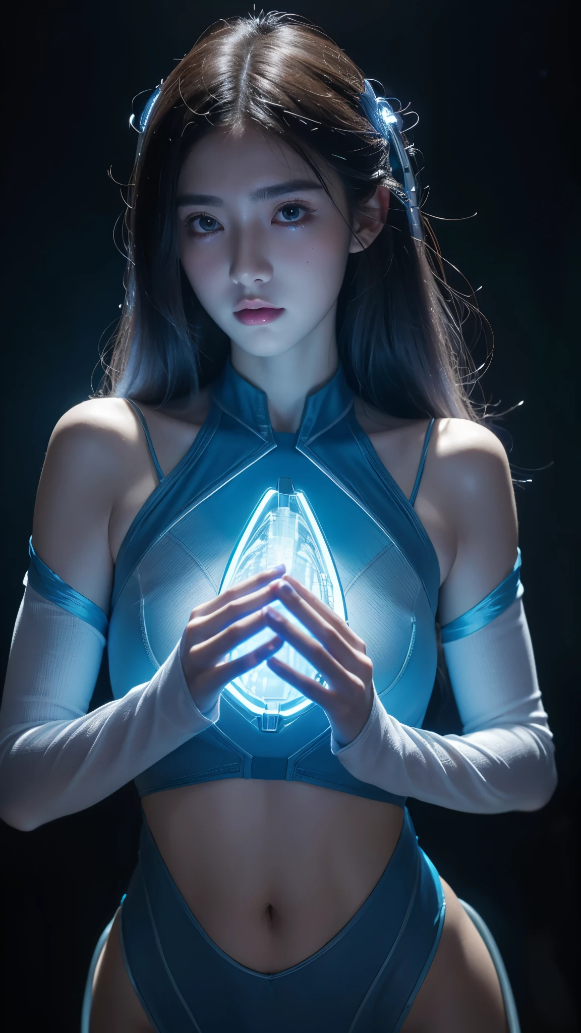 8K,(looking at camera)， master's work, complete figure, focusing on calves, 18 years old, wearing transparent science fiction clothes, exquisite faces, details, hands, ultimate details, amazing magnificent, LED internal lighting, Cyberpunk style, fiber fiber hair , Glowing blue iris,