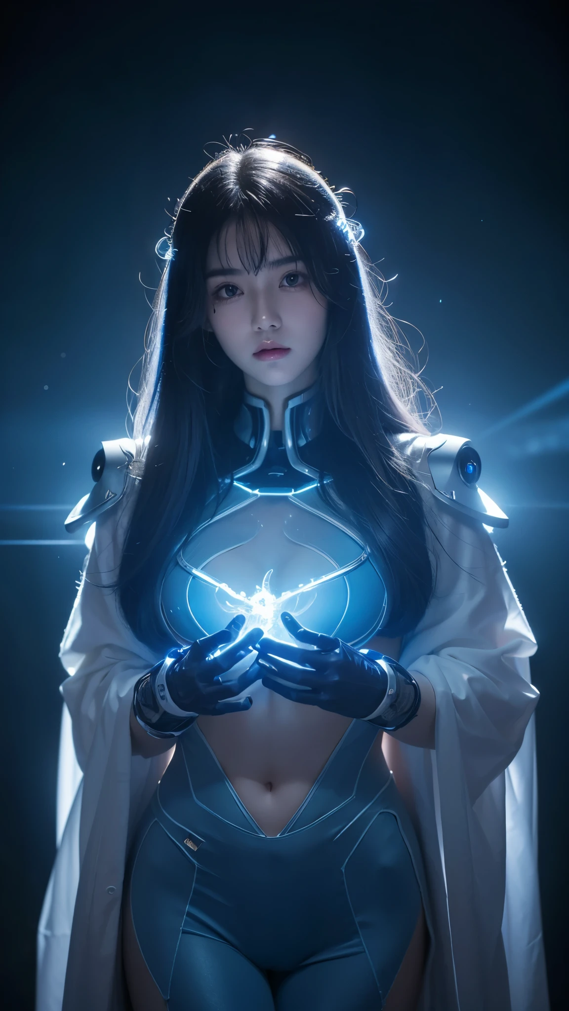 8K,(looking at camera)， master's work, complete figure, focusing on calves, 18 years old, wearing transparent science fiction clothes, exquisite faces, details, hands, ultimate details, amazing magnificent, LED internal lighting, Cyberpunk style, fiber fiber hair , Glowing blue iris,