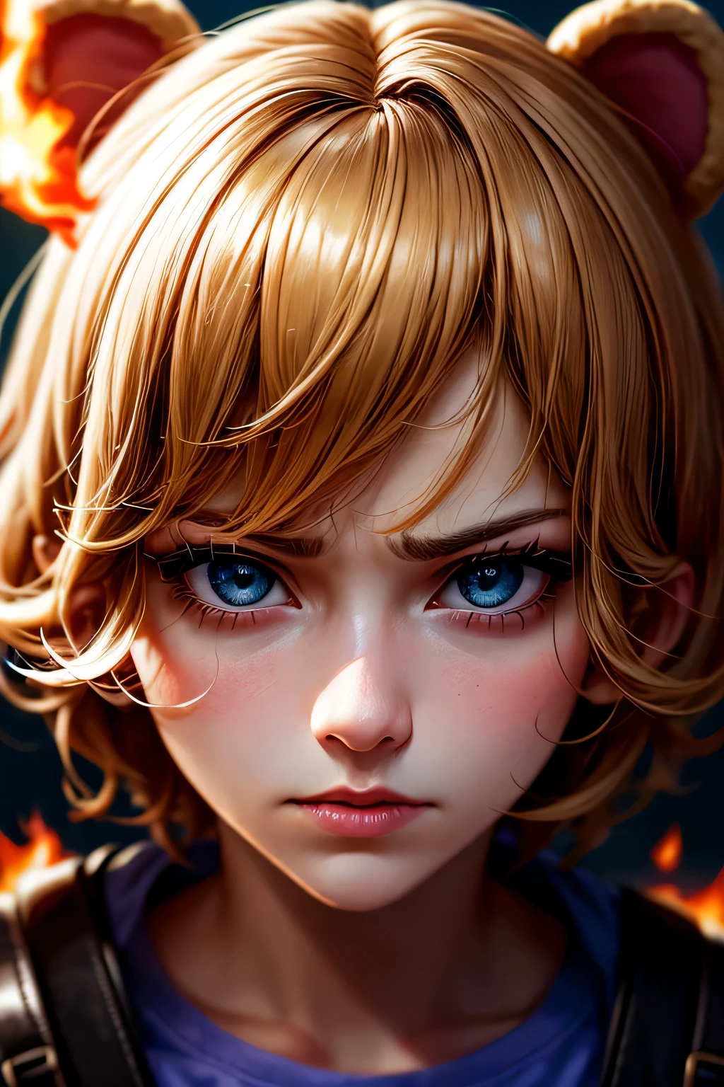 Black eyes, Annie, Blonde Hair, anger, Blue Leather Backpack, short hair,Long Bangs, fire, teddy bear, Tibbers, Purple Shirt, inflammation, Throw, close, Shine、masterpiece, 最high quality, high quality, High resolution, (Face close-up)、