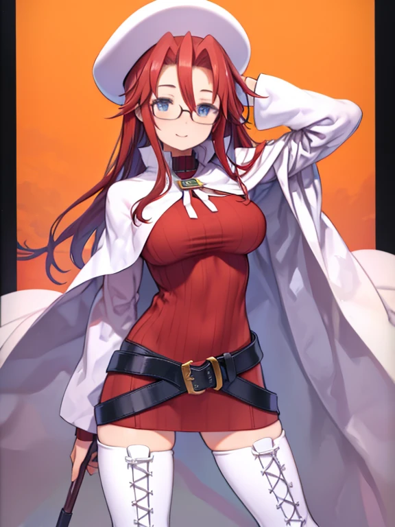 masterpiece, Super Detail, highest quality, 1 Mature Woman、(aty, long hair, blue eyes, red hair、Hair between the eyes)、Big Breasts、Huge breasts、long hair, thighhighs, hat, dress, boots, glasses, belt, cape, sweater, zettai ryouiki, beret, thigh boots, white footwear, ribbed sweater, loose belt、Spread your legs, ((Put your hand in your crotch))、Put one hand behind your head、Embarrassed、laughing、Are standing、Smile、Watching the audience、