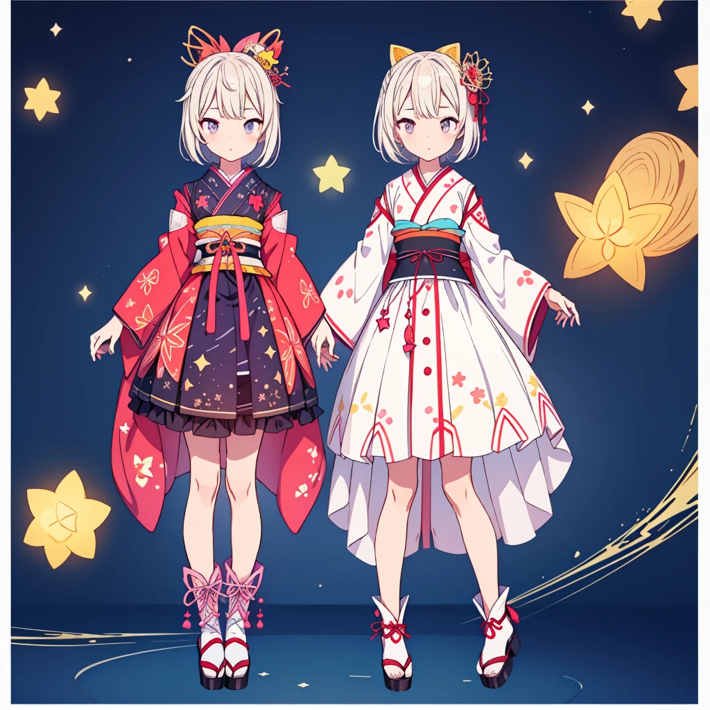 1girl、vtuber-fullbody、Star Fairy、Masterpiece、Official Art、Super detailed、super beautiful、かわいいStar Fairy、white straight short hair、Milky Way、universe、star charm、Star、Baby Face、Knee-high boots、Japanese pattern dress、A beautiful girl wearing black and white clothes that are a remake of a yukata.、universeを思わせるOiranフリルドレス、Oiran、Simple Background、