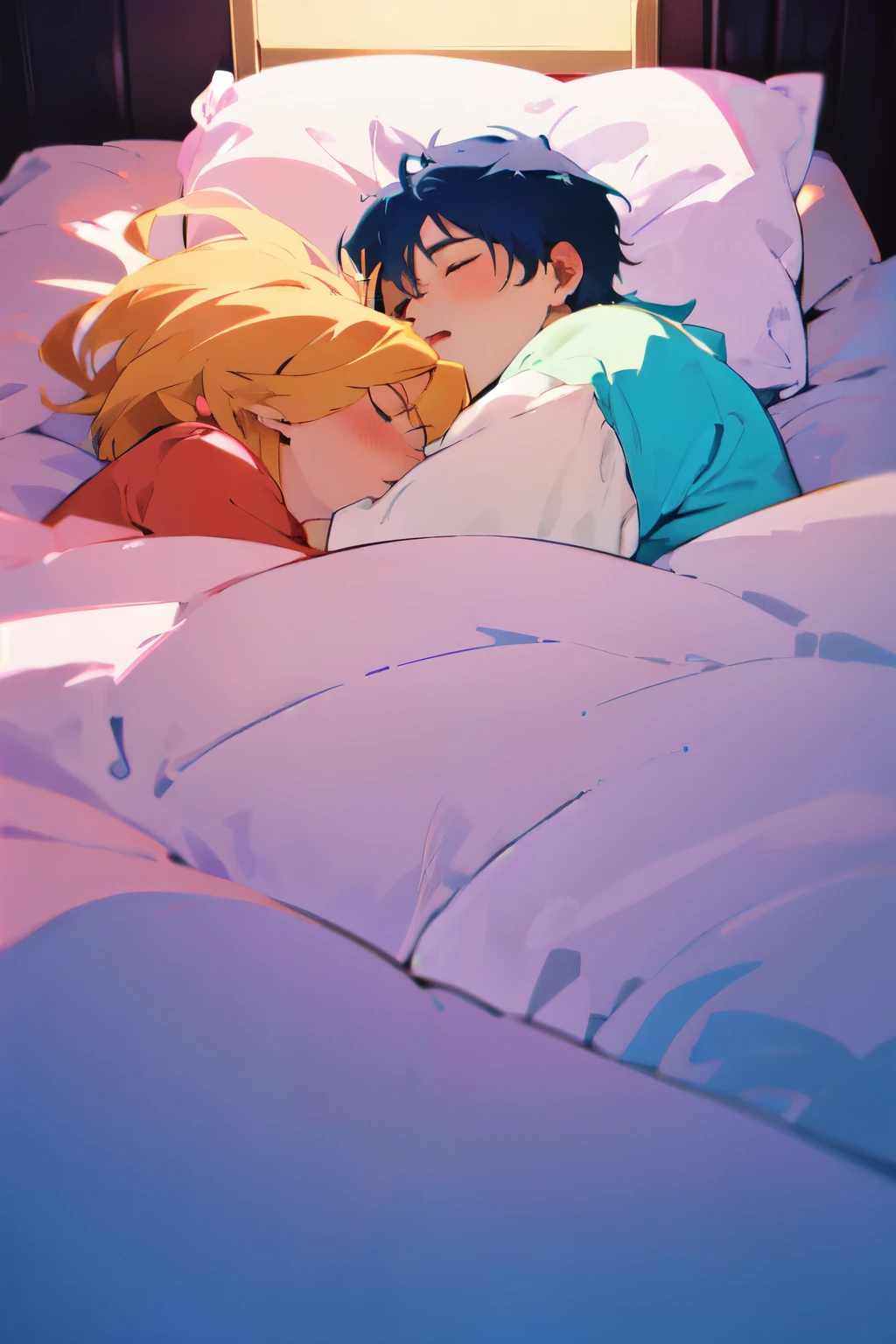 two gay men sleeping in bed, 2000's anime style, vibrant colors, side view, cute
