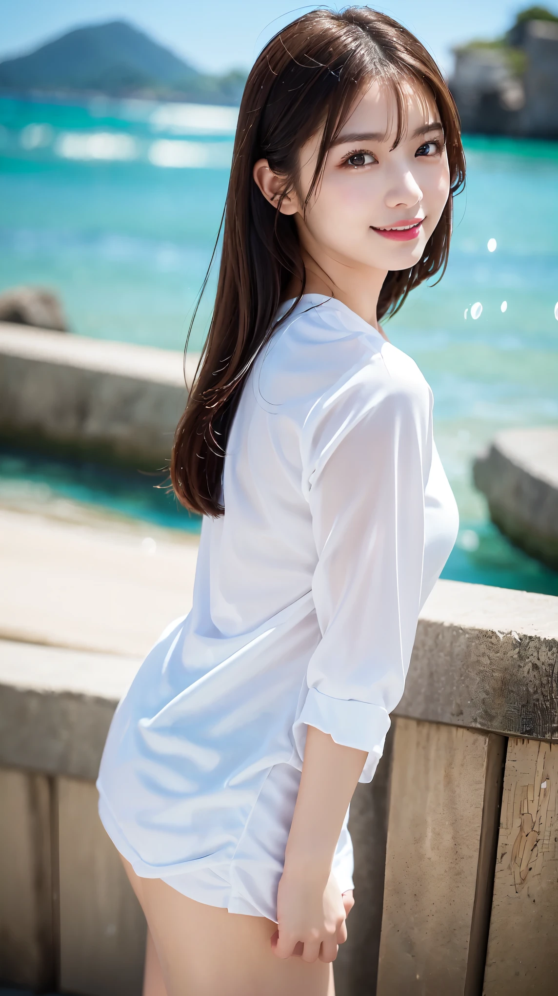whiteTshirt、full body shot、Complex and beautiful eyes、woman、womanらしい髪型、Natural color lip、bold and sexy pose、smile、Ocean、((18歳woman:1.2))、Young adorable Japanese face, Official Art,Highly detailed CG Unity 8k wallpaper,(masterpiece:1.0),(highest quality:1.0), 超A high resolution,4k,Very detailed, photo shoot, 8K, nffsw, High resolution, Kodak Portrait 400, Film Grain, Lens Flare Glow,高いest quality,8K,nffsw:1.2),Portrait Shot,8K、View Viewer