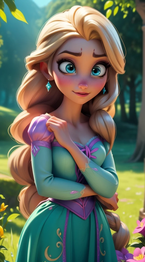 Elsa-Rapunzel Fusion, Mesclando modelos, Roupas da Rapunzel, Derretendo, 1 garota, lindo, personagem, mulher, Female, (parte mestre:1.2), (melhor qualidade:1.2), (sozinho:1.2), ((pose de luta)), ((campo de batalha)), cinematographic, olhos perfeitos, pele perfeita, perfect lighting, sorrir, luz, cor, pele texturizada, detalhe, Beleza, maravilha, ultra-detalhado, rosto perfeito