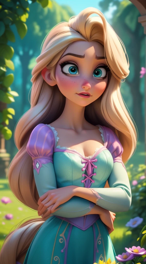 Elsa-Rapunzel Fusion, Mesclando modelos, Roupas da Rapunzel, Derretendo, 1 garota, lindo, personagem, mulher, Female, (parte mestre:1.2), (melhor qualidade:1.2), (sozinho:1.2), ((pose de luta)), ((campo de batalha)), cinematographic, olhos perfeitos, pele perfeita, perfect lighting, sorrir, luz, cor, pele texturizada, detalhe, Beleza, maravilha, ultra-detalhado, rosto perfeito