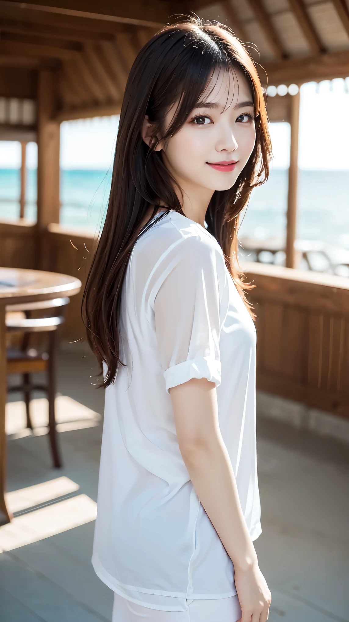 whiteTshirt、full body shot、Complex and beautiful eyes、woman、womanらしい髪型、Natural color lip、bold and sexy pose、smile、Ocean、((18歳woman:1.2))、Young adorable Japanese face, Official Art,Highly detailed CG Unity 8k wallpaper,(masterpiece:1.0),(highest quality:1.0), 超A high resolution,4k,Very detailed, photo shoot, 8K, nffsw, High resolution, Kodak Portrait 400, Film Grain, Lens Flare Glow,高いest quality,8K,nffsw:1.2),Portrait Shot,8K、View Viewer