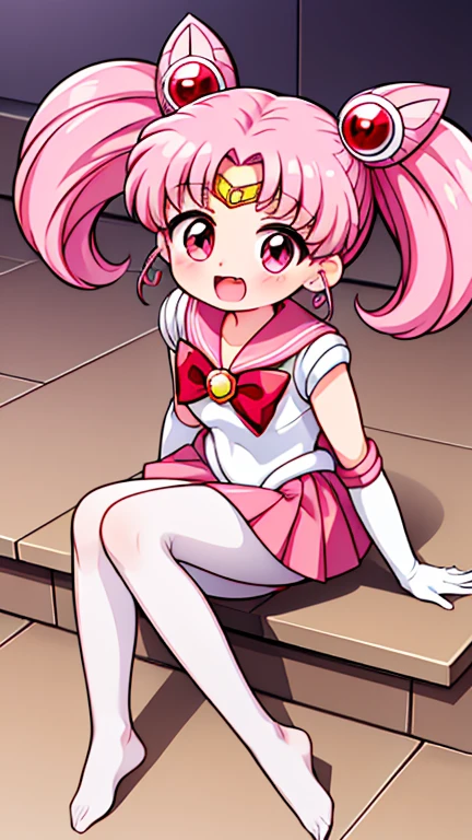 Sailor Moon,young年,Seven years old,cute,(Little Loli),Pink hair twintails,short hair,Sailor Suit,red bow,White elbow gloves,Red Skirt,no shoes,Open your mouth,laughing out loud,Fangs,(White pantyhose),soles of feet,Soles,(young),(little man),sit