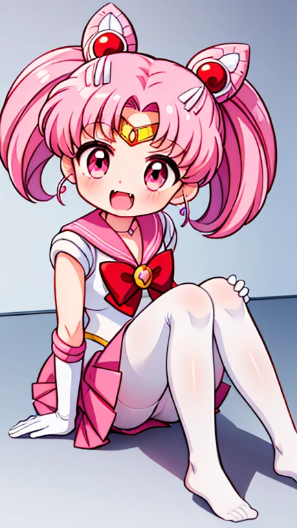 Sailor Moon,young年,Seven years old,cute,(Little ),Pink hair twintails,short hair,Sailor Suit,red bow,White elbow gloves,Red Skirt,no shoes,Open your mouth,laughing out loud,Fangs,(White pantyhose),soles of feet,Soles,(young),(little man),sit