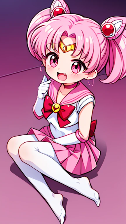 Sailor Moon,young年,Seven years old,cute,(Little ),Pink hair twintails,short hair,Sailor Suit,red bow,White elbow gloves,Red Skirt,no shoes,Open your mouth,laughing out loud,Fangs,(White pantyhose),soles of feet,Soles,(young),(little man),sit