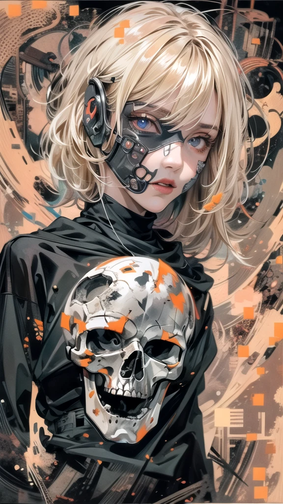 (masterpiece, High resolution, highest quality), Upper body focus:1.3, A 20-year-old woman wearing a large black cloth over her naked body., Skull Face Mask, Blonde Hair, Disorganized, Skull Collage, abstract design, artistic juxtapositions, Black Background, mixed-media approach, Anime Style, simple lines, Digital Painting,