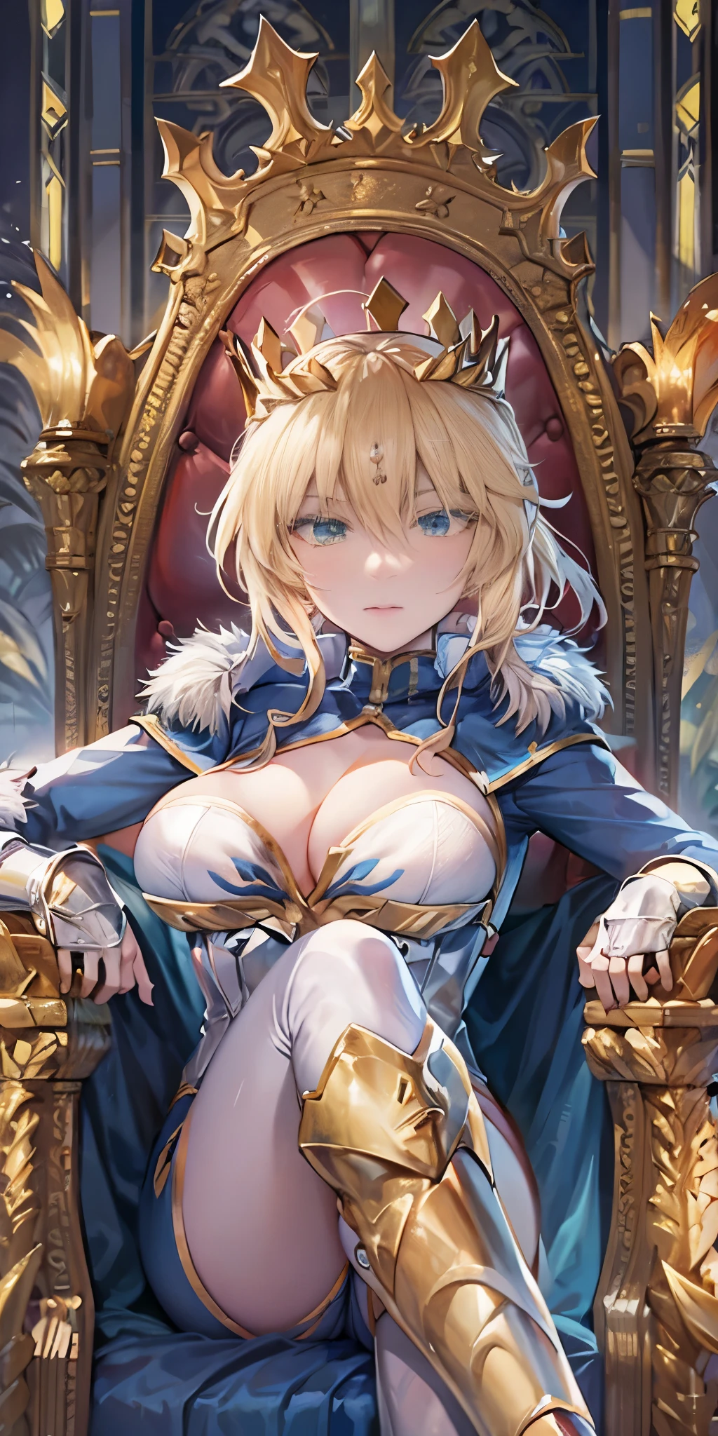 Lancer Artoria, elegant adult  female, blonde, green eyes, (yellow eyelashes), crown, turtleneck, cleavage cutout, sleeveless, blue leotard, elbow gloves, gauntlets, blue thigh, elegantly (sit on throne), throne room, close-up protrait, high resolution, extremely detail 8k cg
