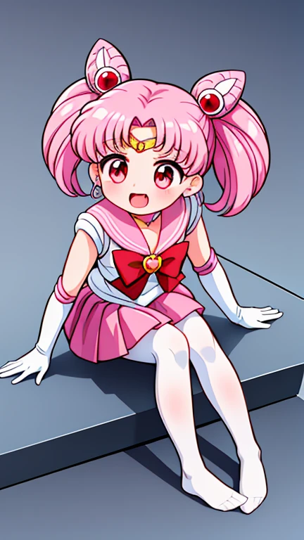 Sailor Moon,young年,Seven years old,cute,(Little Loli),Pink hair twintails,short hair,Sailor Suit,red bow,White elbow gloves,Red Skirt,no shoes,Open your mouth,laughing out loud,Fangs,(White pantyhose),soles of feet,Soles,(young),(little man),sit