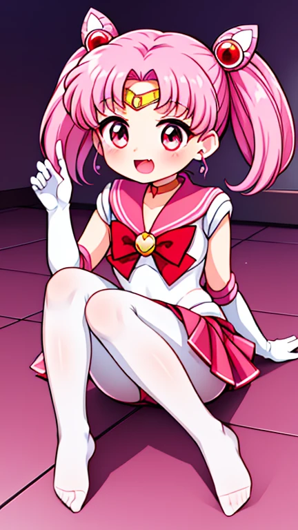 Sailor Moon，young年，，cute，（Little Loli），Pink hair twintails，short hair，Sailor Suit，red bow，White elbow gloves，Red Skirt，no shoes，Open your mouth，laughing out loud，Fangs，(White pantyhose),soles of feet，Soles，(young)，(little man)，sit