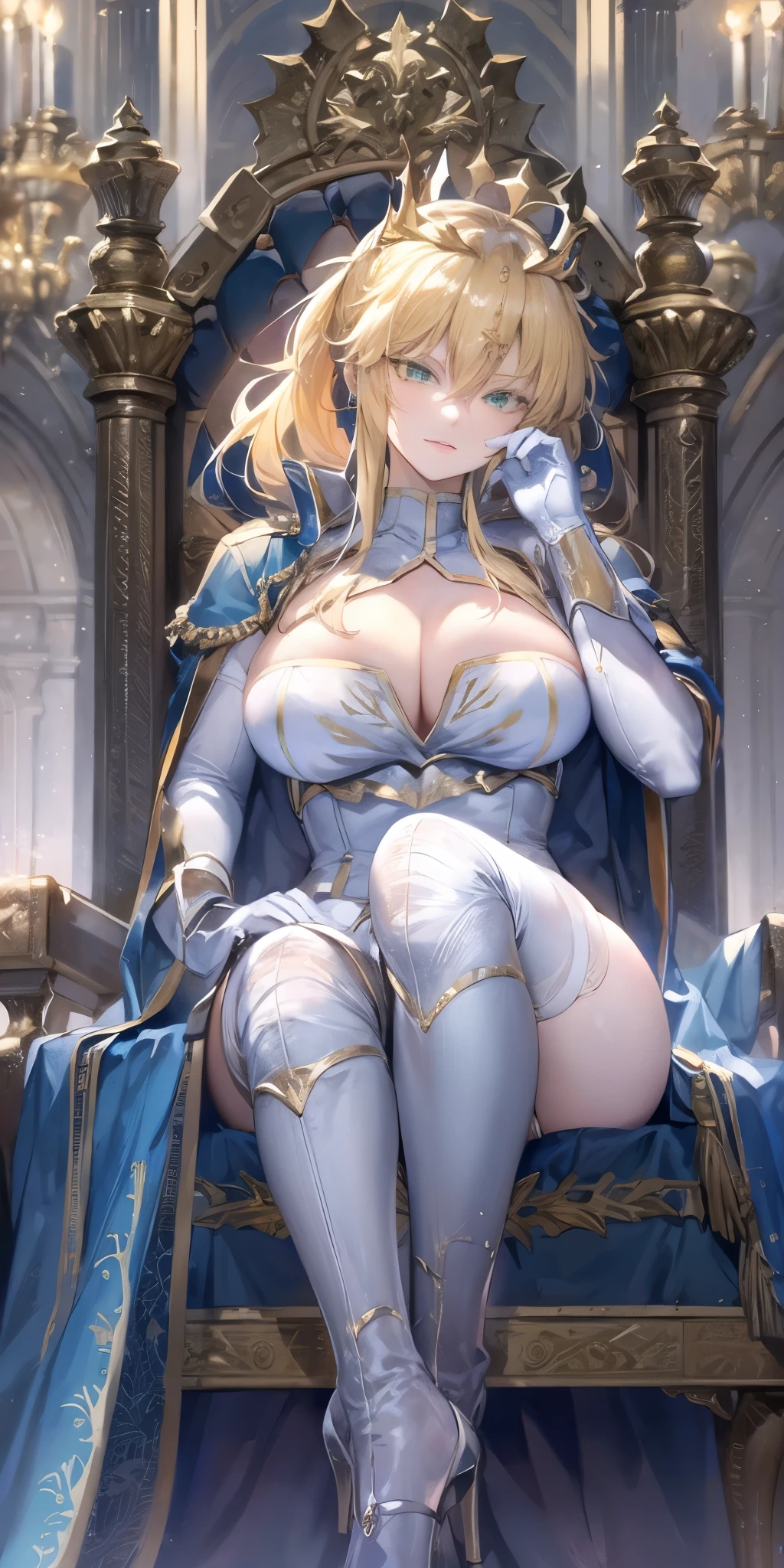Lancer Artoria, elegant adult female, blonde, green eyes, (yellow eyelashes), crown, turtleneck, cleavage cutout, sleeveless, blue leotard, elbow gloves, gauntlets, blue thigh, elegantly (sit on throne), throne room, close-up protrait, high resolution, extremely detail 8k cg