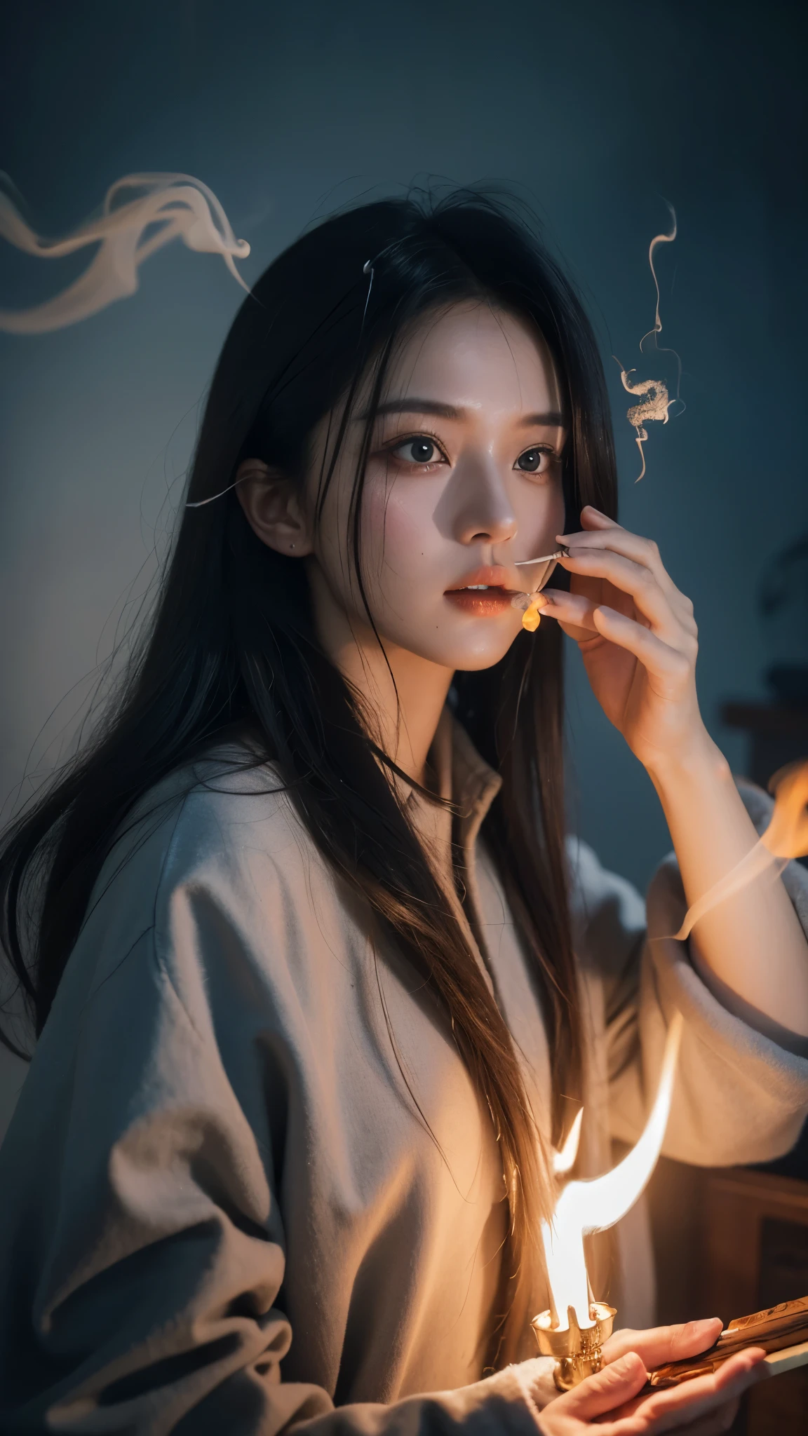 Female priests, burning Nimbus, Mark Mann, WLOP, Albandürer, WLOP, soft wet color, exquisite details, amazing, fire, smoke, smoke, clouds, fluffy, static, static portrait portraits , S bone, smoke, smoke, smoke, smoke, smoke, smoke timely engineering masterpiece art masterpiece