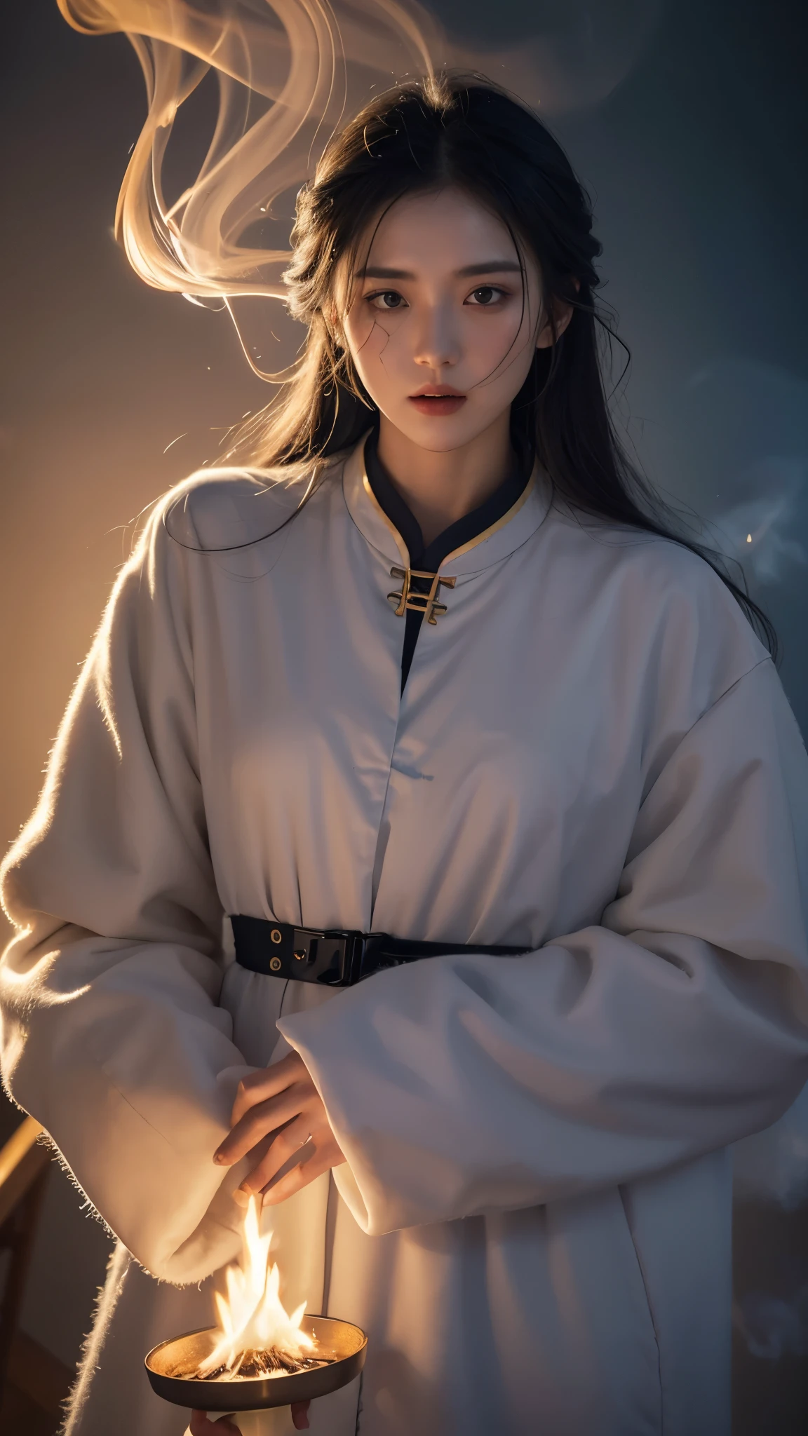 Female priests, burning Nimbus, Mark Mann, WLOP, Albandürer, WLOP, soft wet color, exquisite details, amazing, fire, smoke, smoke, clouds, fluffy, static, static portrait portraits , S bone, smoke, smoke, smoke, smoke, smoke, smoke timely engineering masterpiece art masterpiece
