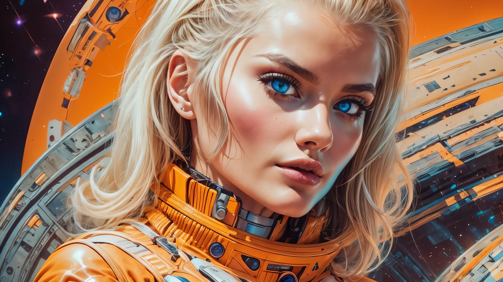 arafed image of a white woman in a futuristic suit with a spaceship in the background, movie art, in front of an orange background, inspired by Robert McGinnis, female protagonist, megastructure in the background, portrait of an ai astronaut, astronauts, an astronaut, portrait of a astronaut skeletor, perfect android girl, detailed eyes, perfectly detailed teeth, frank franzzeta and sakimichan  