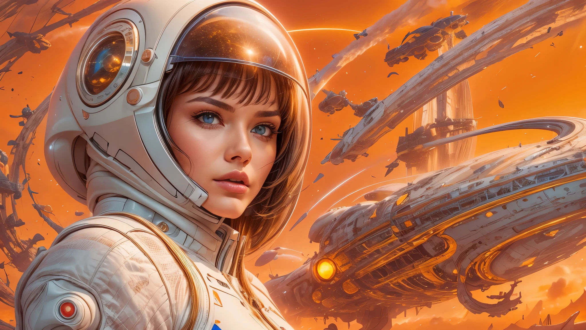 arafed image of a white woman in a futuristic suit with a spaceship in the background, movie art, in front of an orange background, inspired by Robert McGinnis, female protagonist, megastructure in the background, portrait of an ai astronaut, astronauts, an astronaut, portrait of a astronaut skeletor, perfect android girl, detailed eyes, perfectly detailed teeth, frank franzzeta and sakimichan  