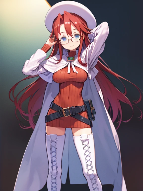 masterpiece, Super Detail, highest quality, 1 Mature Woman、(aty, long hair, blue eyes, red hair、Hair between the eyes)、Big Breasts、Huge breasts、long hair, thighhighs, hat, dress, boots, glasses, belt, cape, sweater, zettai ryouiki, beret, thigh boots, white footwear, ribbed sweater, loose belt、Spread your legs, ((Put your hand in your crotch))、Put one hand behind your head、Embarrassed、laughing、Are standing、Smile、Watching the audience、