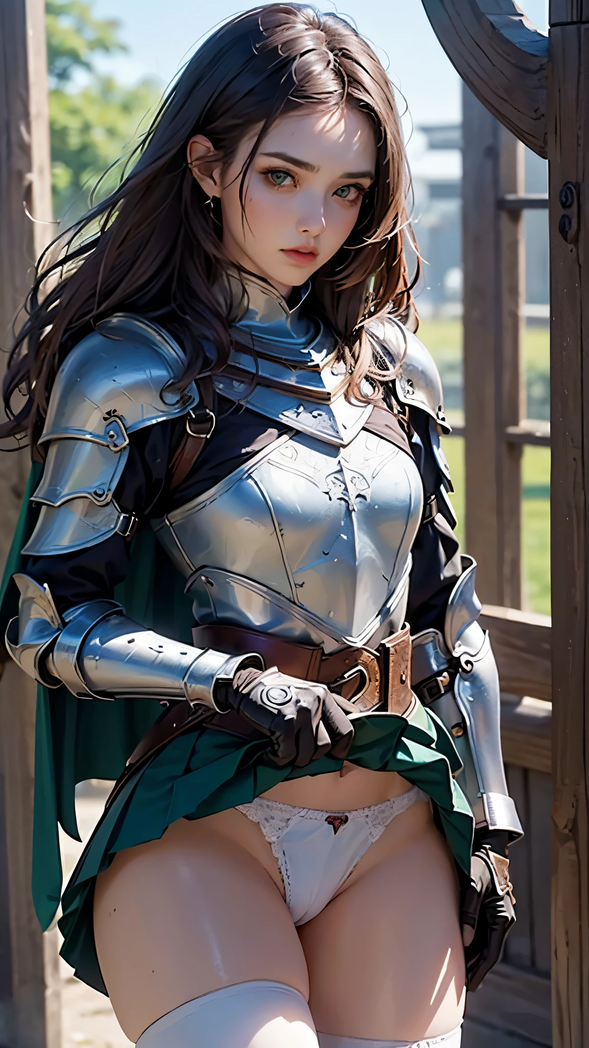 (female warrior: 1.5), (brunette warrior girl: 1.3), 1 girl, solo, pretty girl, young girl, (black hair), (green eyes), thin girl, small breasts, pretty face, slim waist, thin legs , gap between thighs, (knight's armor), (steel breastplate, steel gauntlets, steel gloves: 1.1), (green mini skirt: 1.3), (skirt lifted by itself: 1.1), (skirt lift: 1.3), (showing white panties: 1.3), white panties, tiny panties, (cameltoe: 1.2), frontal, (cowboy shot), medieval fantasy, Dungeons and dragons, RPG character, best quality, (masterpiece), ultra-realistic, 8k, (At SFW:1.7)