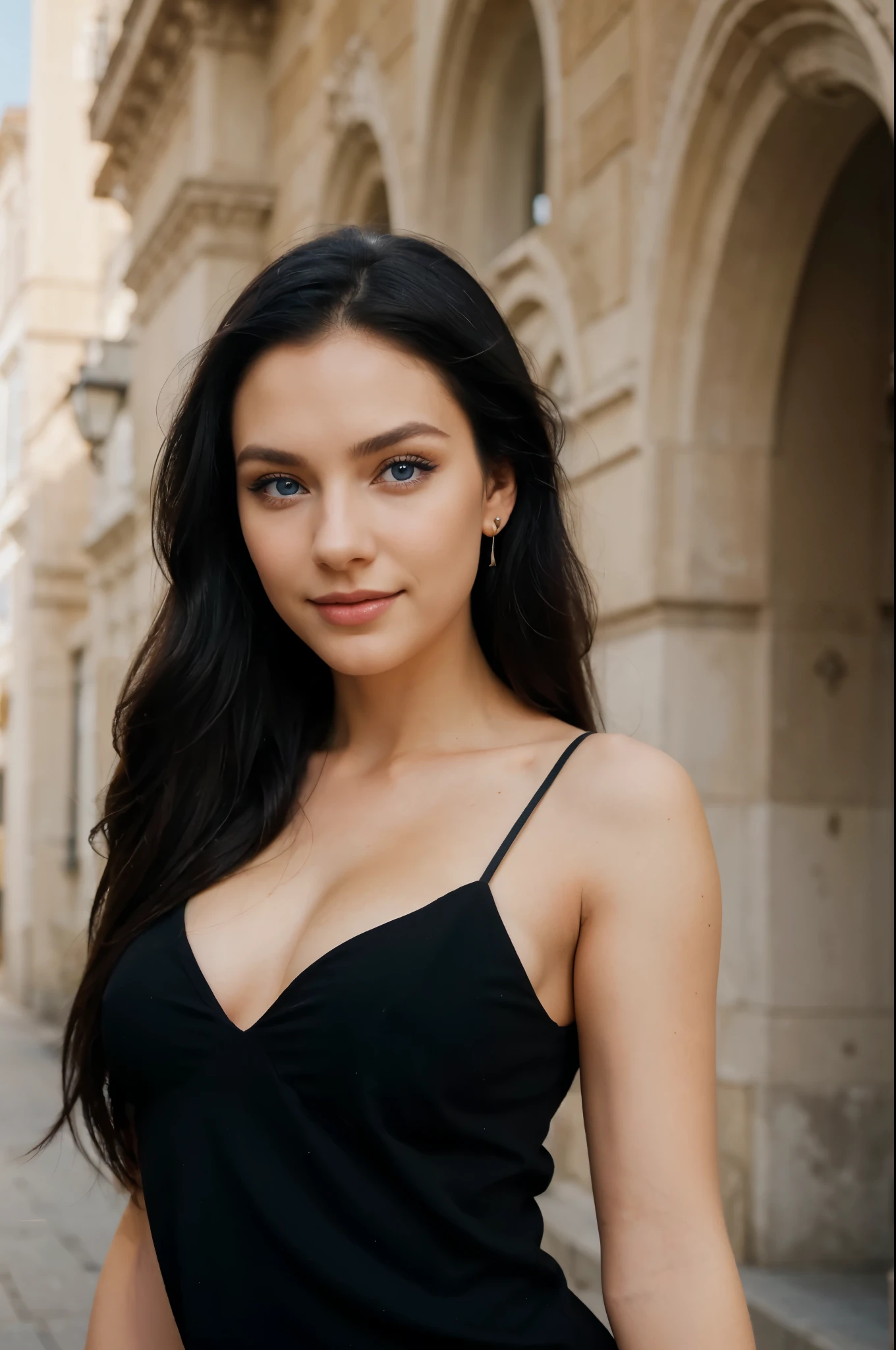 1 girl, graceful figure, long black hair, European, ear piercings, expressive blue eyes, bright makeup, expressive smile, portrait photography, full face, natural light, professional photography