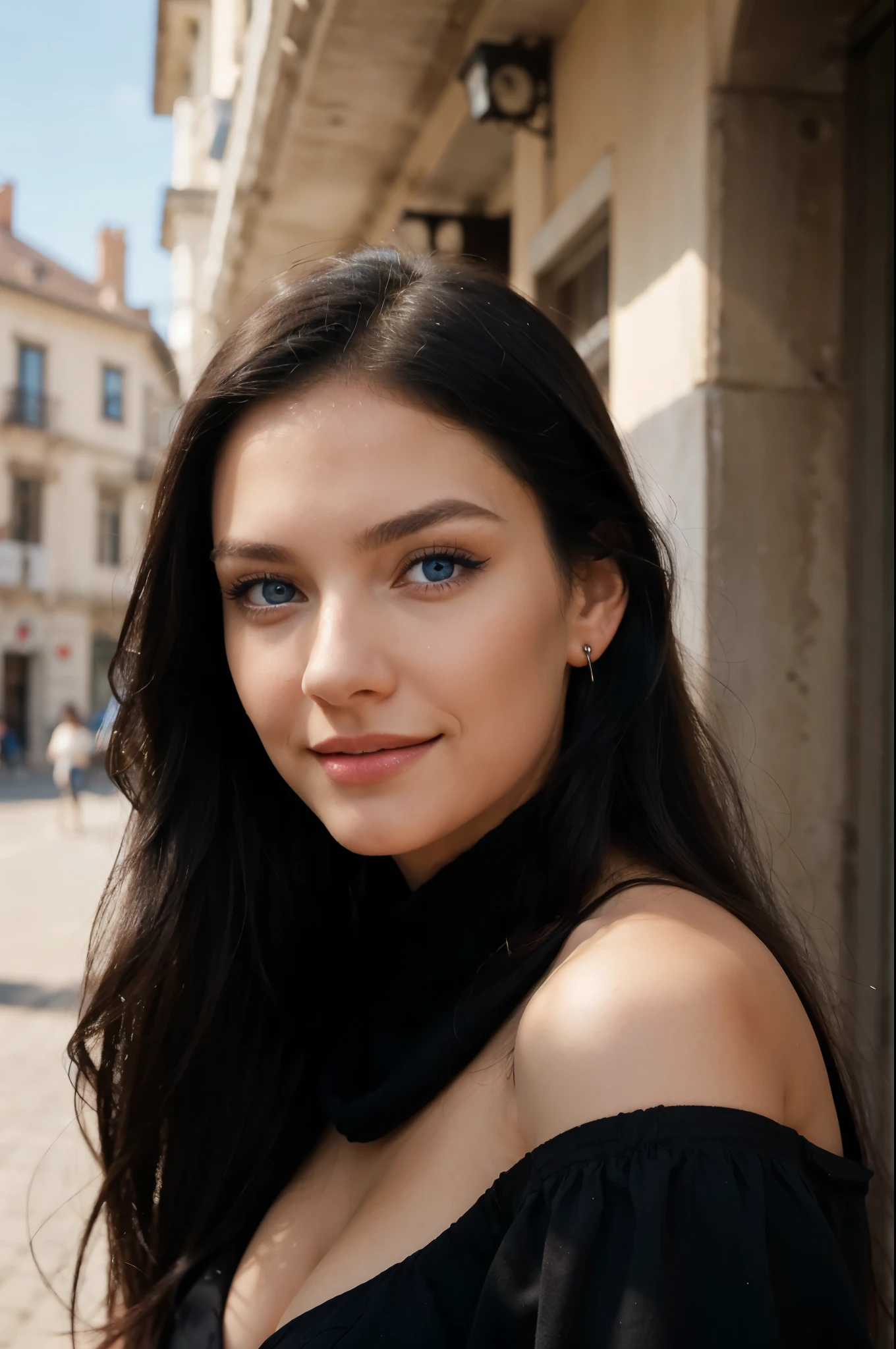 1 girl, graceful figure, long black hair, European, ear piercings, expressive blue eyes, bright makeup, expressive smile, portrait photography, full face, natural light, professional photography