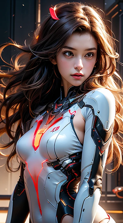 Virtual image,Realistic 8K visuals,hips up,Masterpiece,Highest quality,Maximum details,perfect anatomy,Complete dynamic composition,Light that is comfortable for the eyes,Light hits from the side..,Young woman wearing brown hair,alone,Cybernetics,Complex machines,Metallic white and red body_gold,The unit has a large neon light on the chest..,Red and white bikini body,morning.