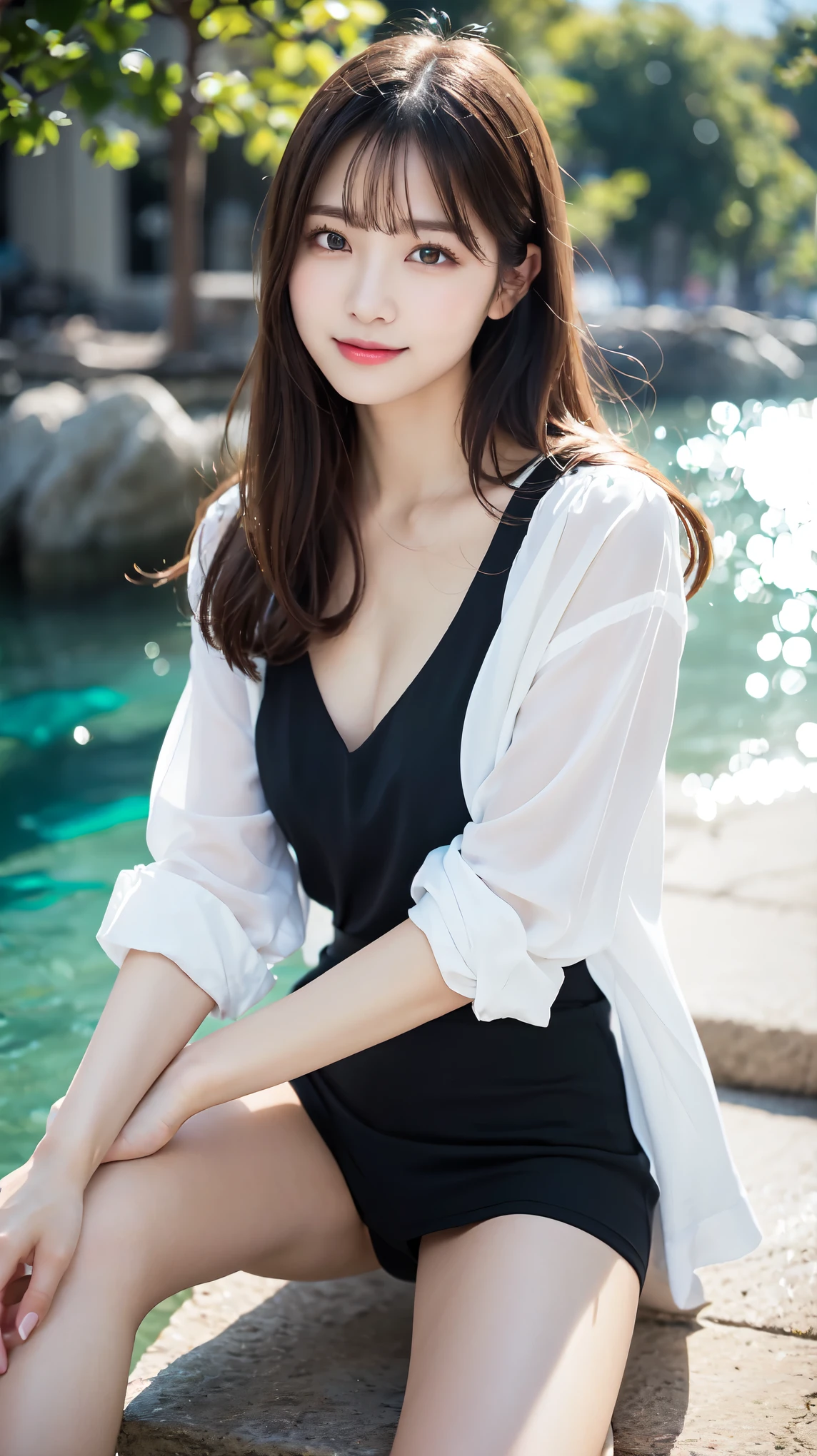 White Shirt、full body shot、Complex and beautiful eyes、woman、womanらしい髪型、Natural color lip、bold and sexy pose、smile、Ocean、((18歳woman:1.2))、Young adorable Japanese face, Official Art，Highly detailed CG Unity 8k wallpaper，（masterpiece:1.0),(highest quality:1.0), 超A high resolution,4k,Very detailed, photo shoot, 8K, nffsw, High resolution, Kodak Portrait 400, Film Grain, Lens Flare Glow,高いest quality,8K,nffsw:1.2),Portrait Shot,8K、View Viewer