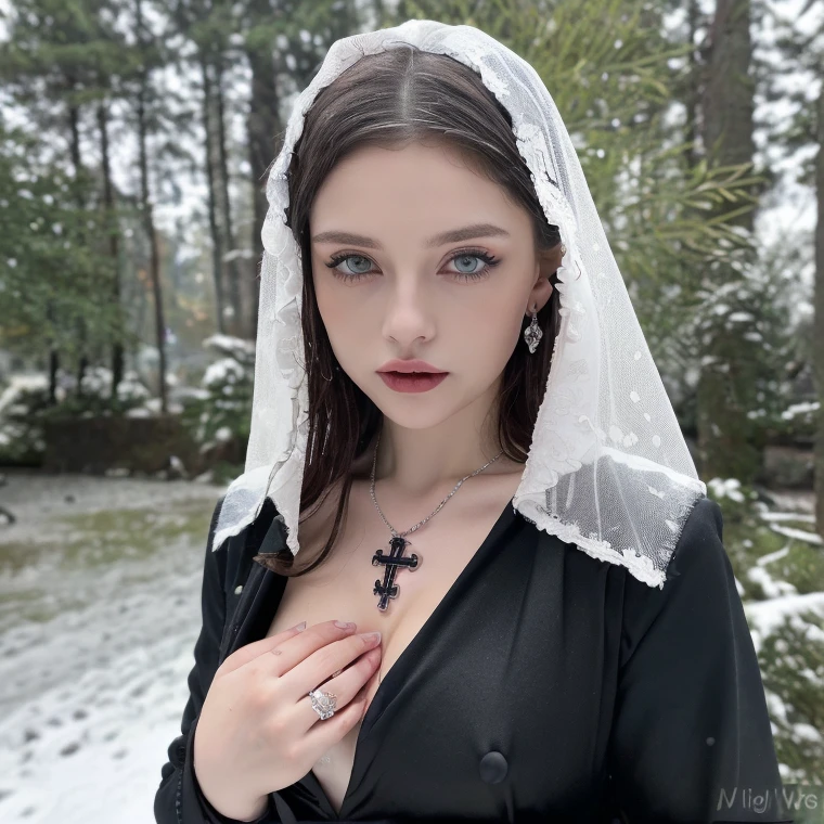 1 miniature Beautiful beautiful woman - Yuan Sayuki, ((top quality, 8K, Masterpiece:1.retty woman, 1 woman, huge breasts:1.3, a slim body:1.1, lush white short hair, (shower, wet body, wet clothes:1.1), very detailed face, detailed lips, detailed eyes, double eyelids, Detailed blue eyes, чрезвычайно Detailed Outstanding Blue Eyes, short white wet hair, white wet hair, Detailed Outstanding Blue Eyes, innocent look at the viewer, very wet wavy white hair, Detailed Outstanding Blue Eyes, huge cross earrings, Outdoors, badges behind, gothic wedding uniform, sexy gothic style wedding dress with veil, bare chest, huge chest tattoo wearing a wreath, detailed huge catholic cross earrings, chest tattoo, Outside - there are trees and a buddhist temple in the background (mountain vicinity), wear a silver cross (Detailed cross shape), reality mode, wet breasts, black necklace, black wedding dress and black veil, human crowd behind, head/forehead chain veil, black latex gloves, naked breasts, naked breasts, naked nipples, hair of white snowy colour, night time, red neon lights, demonic nun, nimbus (golden lighting ring above her head), angel, snowy weather, Detailed buddhist temple behind