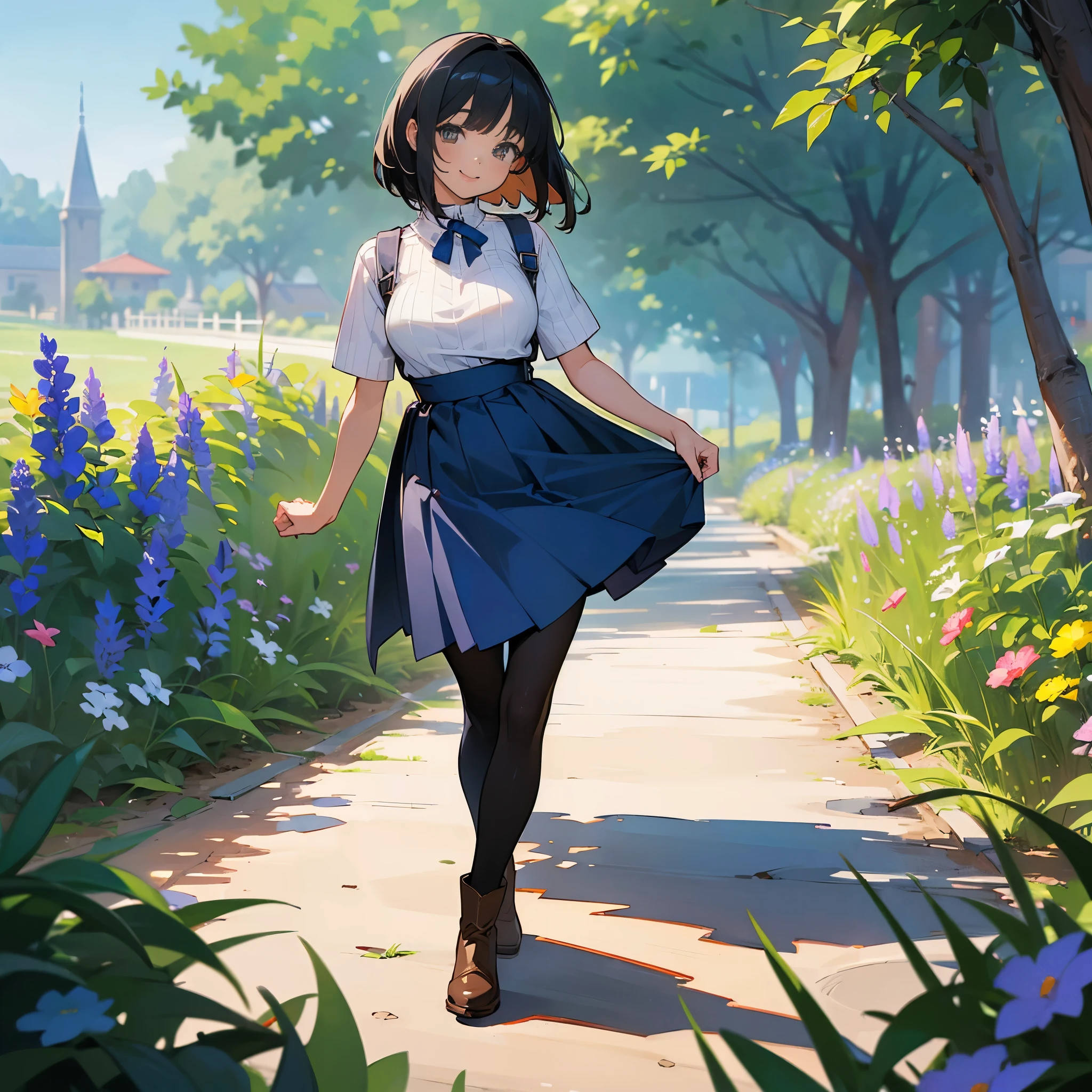 (high quality, High resolution, Very detailed, reality:1.37), Peaceful atmosphere, (Outdoor, garden), teenage girl standing alone, (my breasts are big.), Beautiful detail features, Cute Smile, (Black bob hair), Short sleeve ribbed sweater, Blue Skirt, black tights, Brown boots.