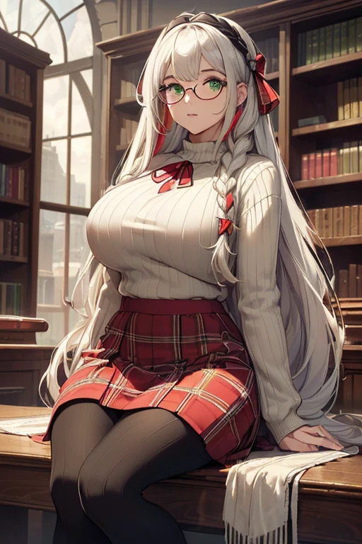 ((masterpiece)), (best quality:1.7), (detailed:1.4), (high res:1.4), 8k, (colorful:1.5), high resolution, sharped image, 4k, hd, (beautiful detailed background:1.2), (beautiful lighting:1.2), (highly detailed:1.2), perfect lighting, (8k wallpaper:1.2), (highly detailed:1.2), (extremely detailed CG:1.2), (((only white gray very long straight hair with two braid front bangs with red ribbon ties))), (only white hair), ((large full chest)), (((very busty))), curvy figure, (((light green eyes))), (beige loose ribbed sweater)), ((red plaid pattern skirt with black full length leggings)), ((big circle glasses)), library, mature, older, human adult, tall, fullbody