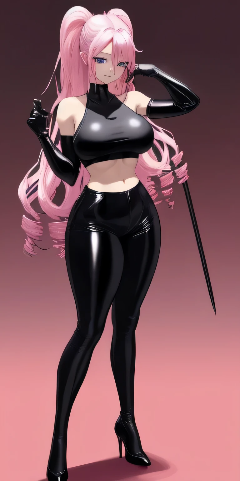 Beautiful woman，1个Giant Breast Girl，pink haired woman，Fighting posture，black pantyhoses，black glove，Sports bra，jewely，shorter pants，J thighs。Pink hair，drill bit，Asymmetrical hair，Wear gold and silver(work of art), (masterpiece), (best quality), a, (blue eyes), wearing  nothing, brightly lit night city background, red bow, flowing hair , butts , full figure head to toes , standing beside poles ,, beautiful cute smile, wearing black leather shoes, heels shoes pink black color