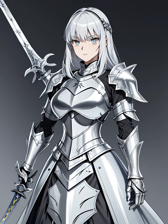 One is wearing armor、Close-up of woman holding two swords, with sleek silver armor, Armor Girl, covered in full silver armor, glossy white armor, silver armor, Comes with sleek silver metal armor, white armor, Full body covered with metal armor, sleek bright white armor, white metallic armor, sleek silver armor, Wearing armor!!, sleek white armor, White armor