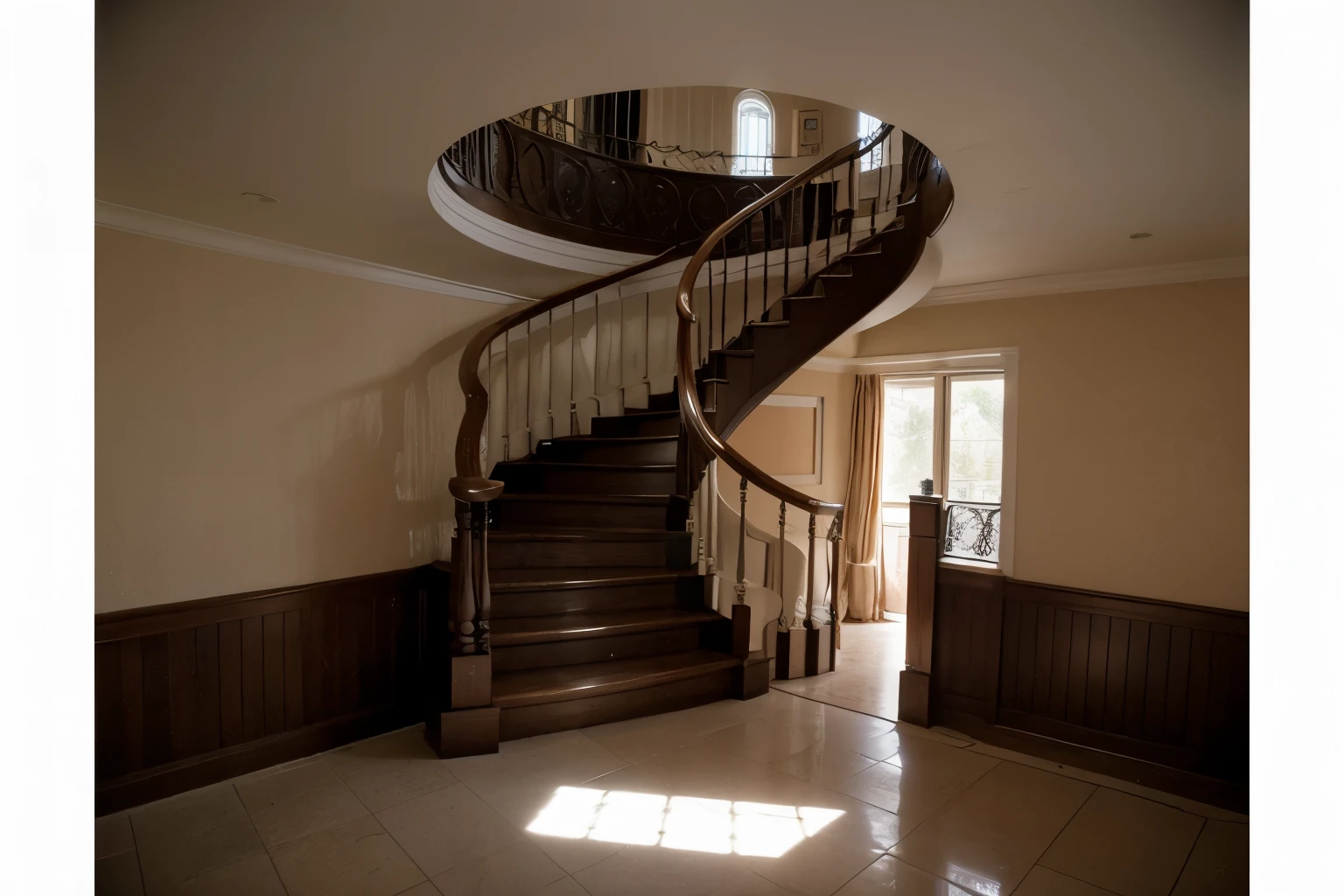a dark without lighting interior that is illuminated only by the light that comes from an upper floor that is ascended by a circular staircase