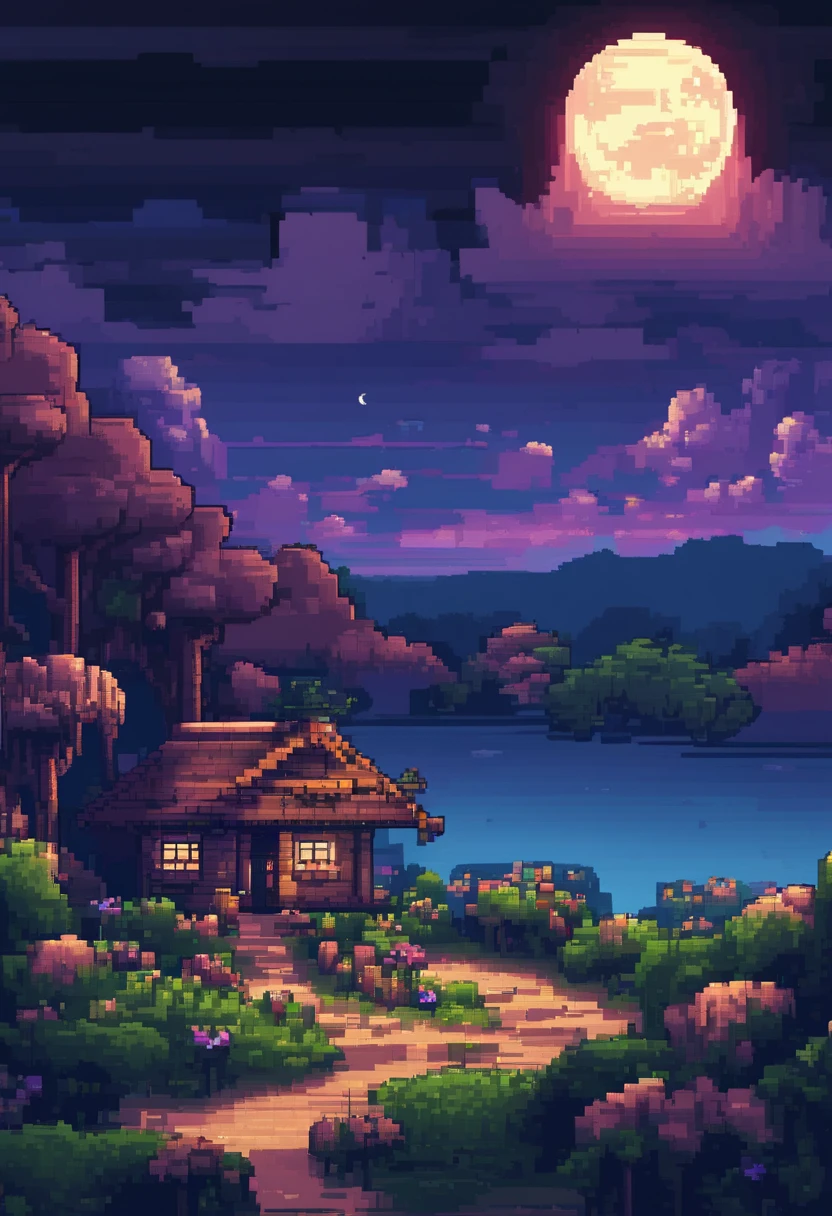 Pixel art Midnight landscape, 3d Pixel art 4k wallpaper, incredible Pixel art details, Pixel art, detailed unreal engine Pixel art, Full moon sky, Midnight.