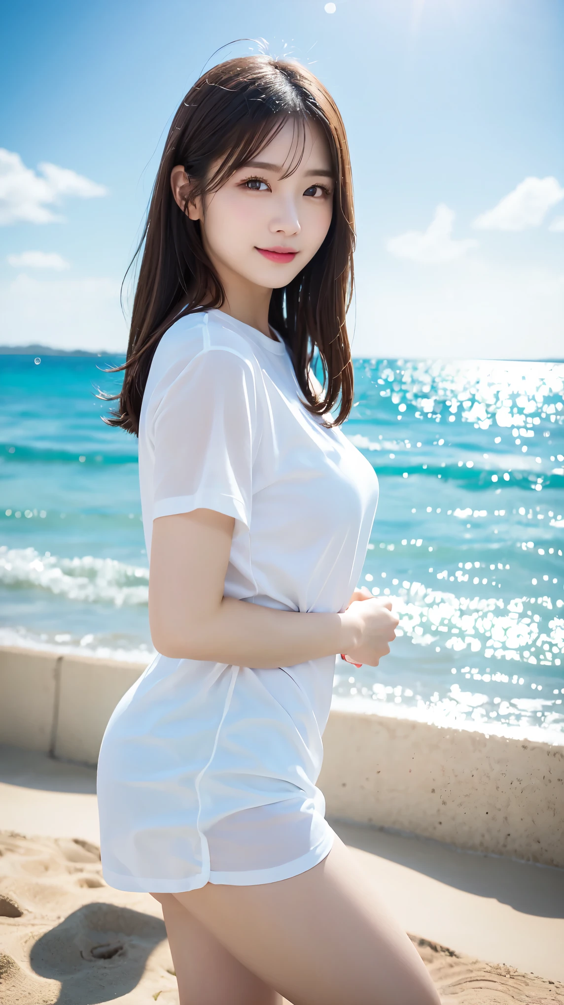 Pure girl,White T-shirt,ssmile,Sea of sunflower flowers,with blue sky and white clouds,higher details,Ambiance Lighting,Cinematic level,full-body portraits,Light colors