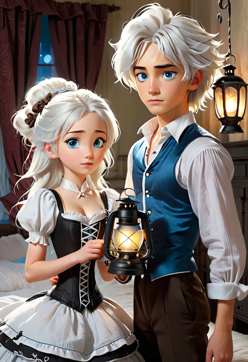 "((inside the bedroom)) is a girl Holding a lantern. She has white hair, blue eyes, black and white dress with a white corset, and next to her is a boy on the bed his eyes closed and his hair is brown hair, wearing white shirt and long brown pants