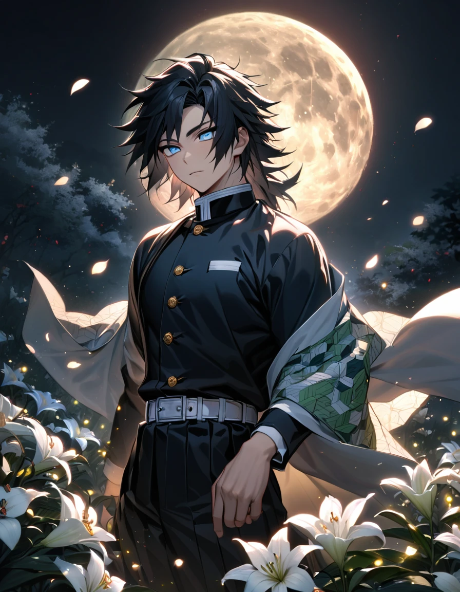 absurdres, highres, ultra detailed, HDR, master piece, best quality, Tomioka Giyu, untamed black hair, expressive blue eyes, Kimetsu No Yaiba, 1man, handsome, demon slayer uniform, petals, white lilies, moon, fireflies