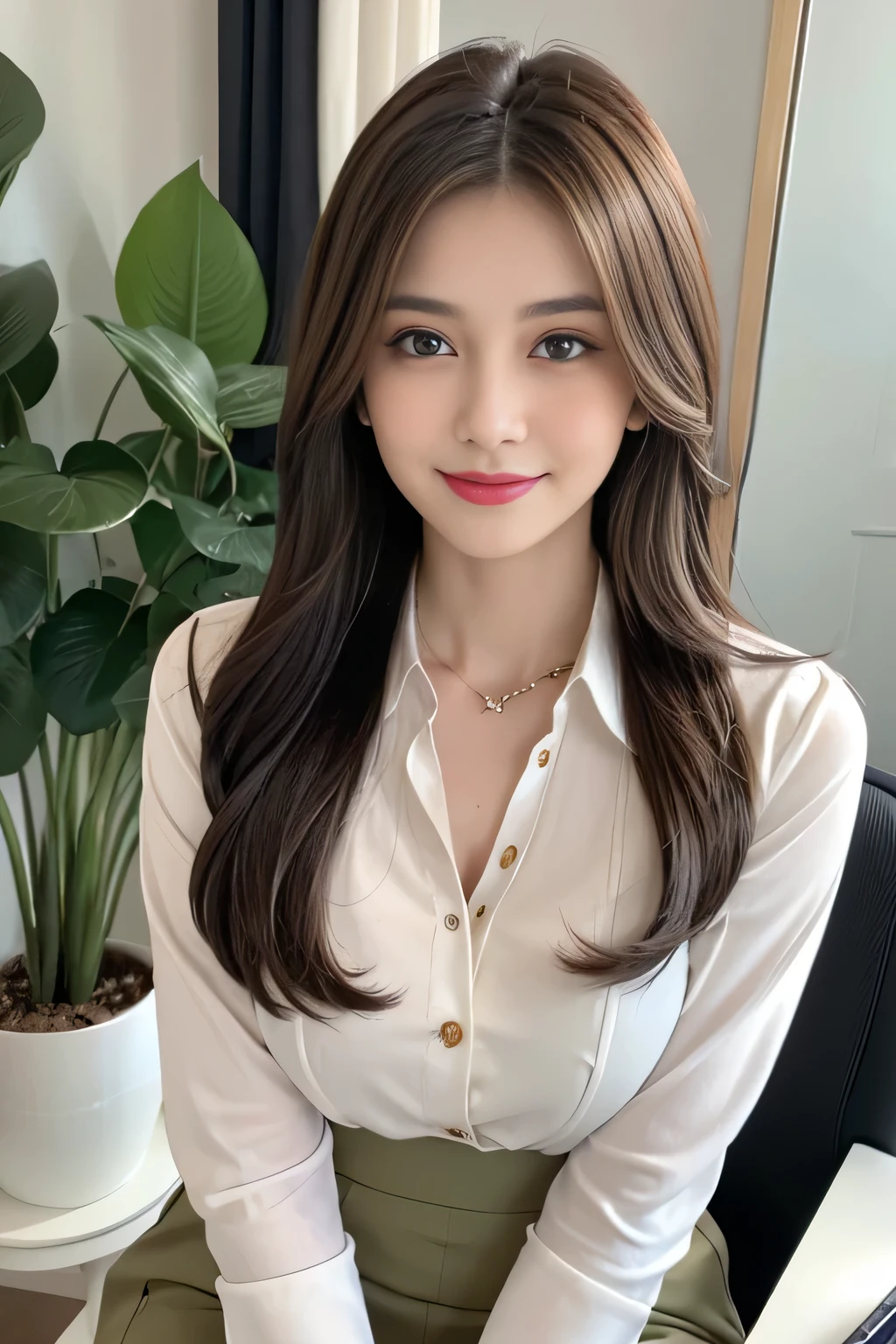 light brown, Shaggy, Medium Long Hair、beautiful woman with white skin、gray-green eyes、Beautiful symmetrical face、Look closely at the camera、Listen carefully、Cute Smile、Long hair with movement、Hair between the eyes、 Beautiful 20 year old woman、Beautiful supermodel with a small face、very tall supermodel、long neck supermodel、Show off your beautiful décolletage、tilt your head slightly to the right、tilt the body slightly to the left、Very beautiful smile、Rainbow colored highly artistic fine technique brush paint background、A beautiful woman with adult charm、((The whole body is visible))、I'I at work、OL、Office Casual Suit Setup、Foliage plant、computer、Gray desk、Shiny short pencil skirt、Buttoned shirt in white collar、Close button、accessories、Adult female、((shrapnel、Side Shot))、Laughter、