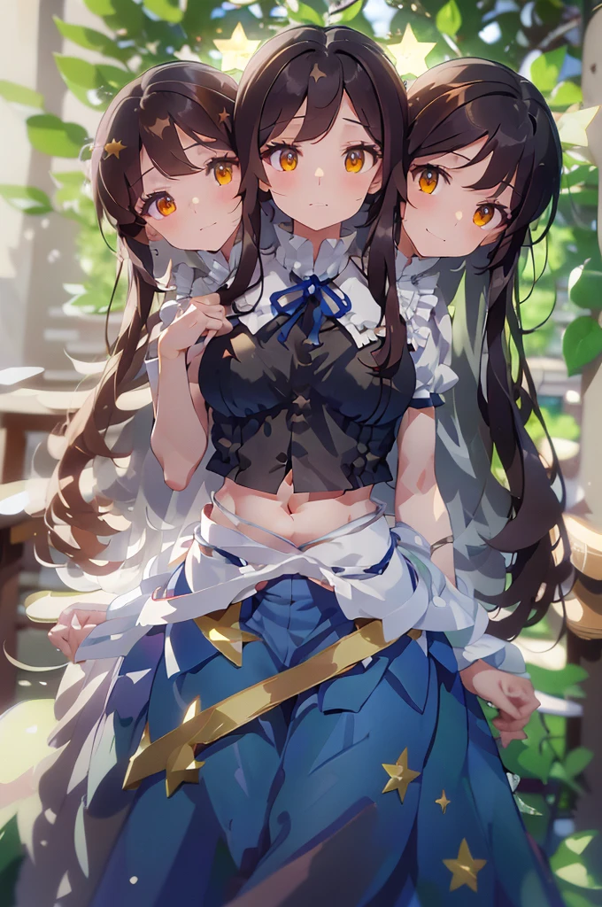 (masterpiece, best quality), best quality, (ultra-detailed), (3heads:1.5), 1girl, (star sapphire:1.3), masterpiece, best quality, ultra quality, ultra resolution, ultra detail, white top, crop top, ((stomach)), midriff, ((groin)), open midriff, white and blue skirt, miniskirt, normal ears, shackles, dark brown hair, very long hair, wavy hair, sidelocks, yellow eyes, detailed eyes, parted lips, fairy wings, sweat, cute, open belly, toned belly, hand on own chest, eyelashes, (24 year old woman:1.3), (masterpiece:1.5), (best quality:1.5), (beautiful detailed), extremely detailed CG, extremely delicate and beautiful, depth of field, (finely detailed face), (perfect details:1.2), (mature female:1.3), wide pelvis, slender, large veiny breast, 16k resolution, highres, high quality, high definition, extremely detailed, masterpiece, dark brown hair, long hair, alluring presence, braid, short skirt, miniskirt, close up, big , young, blue ribbon attached to the hair, butterfly-shaped wings, open belly, midriff, nsfw, bare stomach,