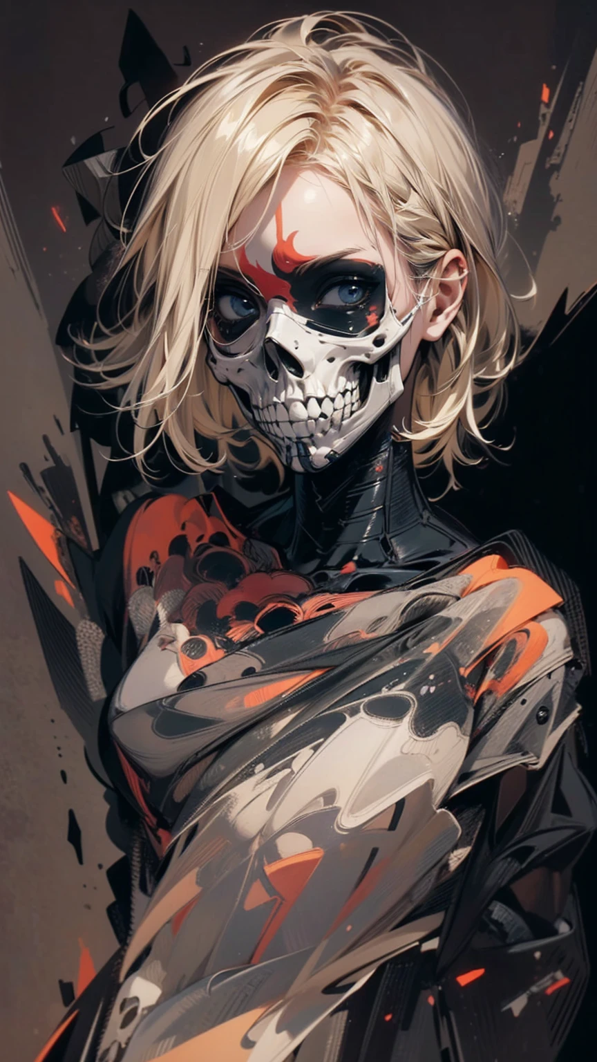 (masterpiece, High resolution, highest quality), Upper body focus:1.3, A 20-year-old woman wearing a large black cloth over her naked body., Skull Face Mask, Blonde Hair, Disorganized, Skull Collage, abstract design, artistic juxtapositions, Black Background, mixed-media approach, Anime Style, simple lines, Digital Painting,