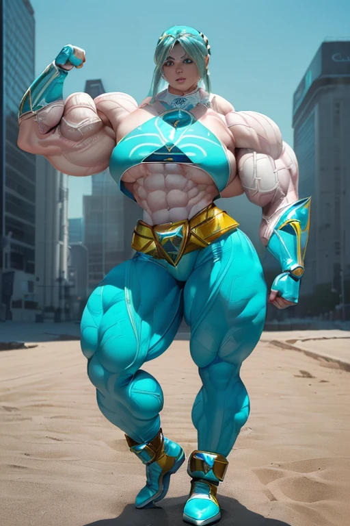 ((((Massive, beautiful, buff, pale white skinned muscular woman with cyan hair, ginormous bulky muscles and wearing a cyan power ranger suit with power ranger pants)))), close view, (massive muscle), (massive biceps), (beachy long hair), purple eyes, hero gloves, spiked gauntlets, high heels boots, city, at night, confident smile