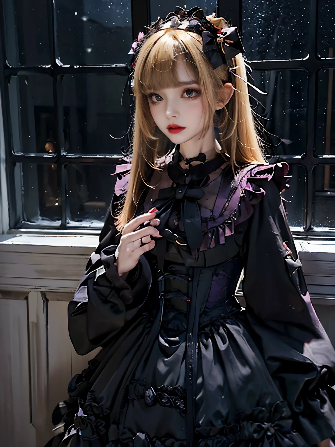 raw photo, 8k, (top-quality), Realistic, (real picture, Intricate details), (natural skin texture, detailed skin, hyper realism, sharpness), ((corset dress with black and purple, gothic decorative corset, big black ribbon)), (pale skin:1.3, slender body), (Japanese girl standing in luxury hotel at night, Suite Room), ((light blonde straight hair, blunt bangs)), (provocative look, Parted lips:1.3, eye shadow, eyeliner, eye bag:1.3, red thick lips, under eye circle), night time, big window, Snowy scenery outside the big window