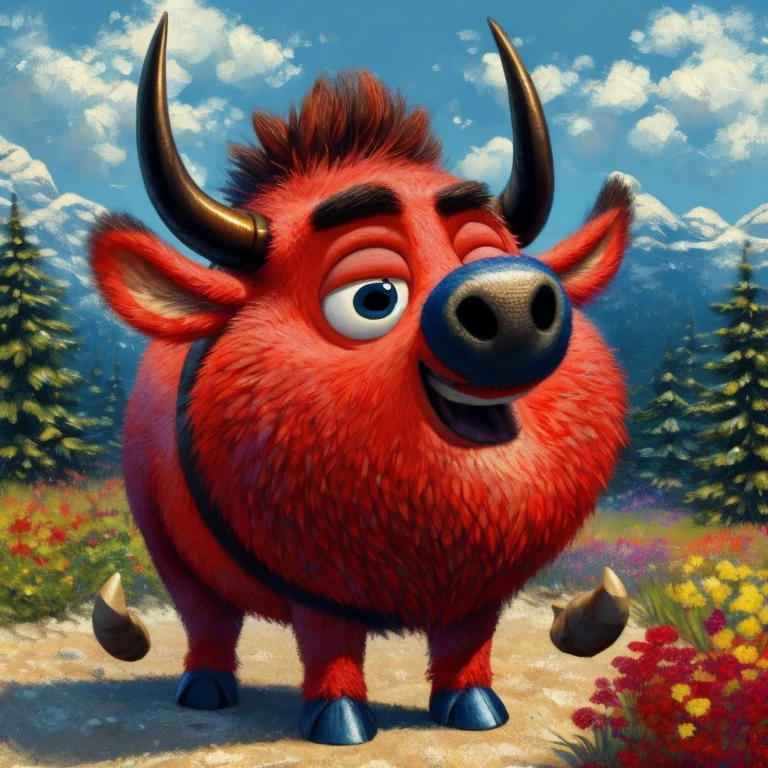 There is a bull&#39;s head，Ate una bufanda roja alrededor, cabeza de Vaca, Humano disfrazado de toro, toro antro, depicted como un personaje de pixar, Un toro, toro, hipnotizado, sacando la lengua, como un personaje de pixar, similar a un toro\&#39;s, personaje ideal de pixar